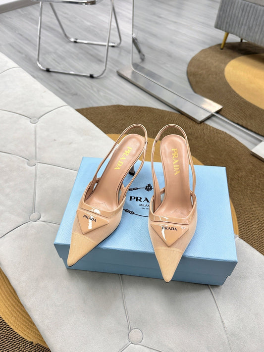 PRADA 25S ТУФЛІ-СЛІНГБЕКИ З ТРИКУТНИМ ЛОГОТИПОМ З БЕЖЕВОЇ СІТЧАСТОЇ ТКАНИНИ - 35