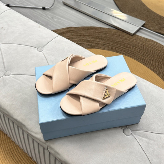 PRADA 25S SLIDE SANDALS IN BEIGE CALFSKIN LOGO - 35