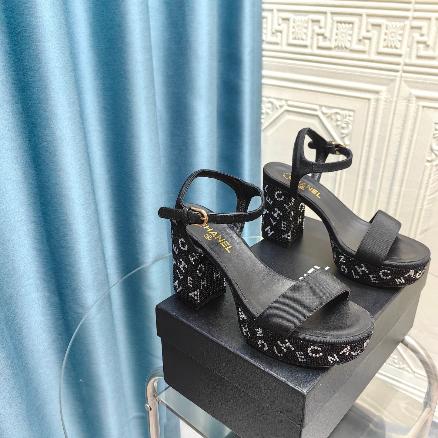 Chunky Heel Rhinestone High Sandals Black Lambskin - 35