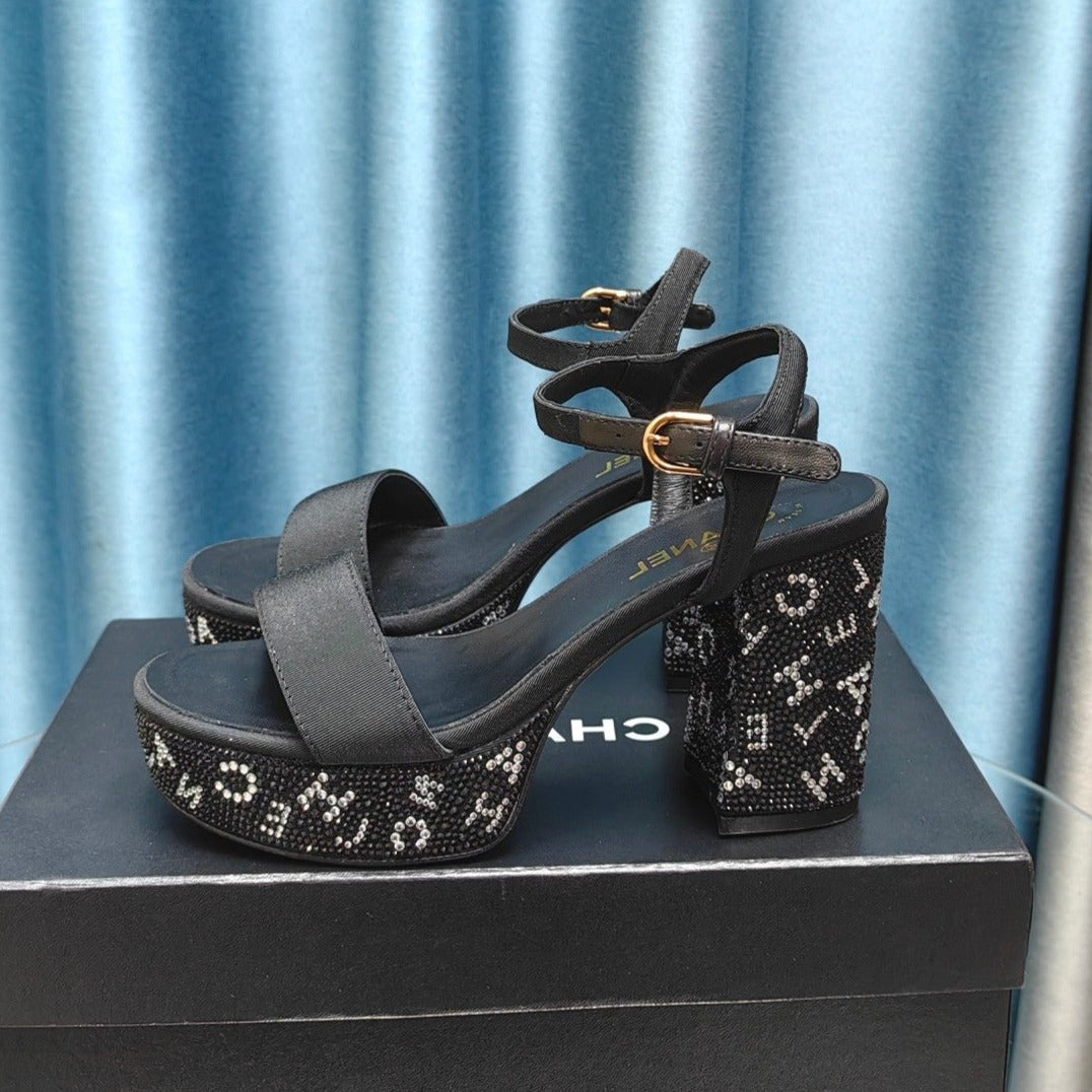 Chunky Heel Rhinestone High Sandals Black Lambskin - 35