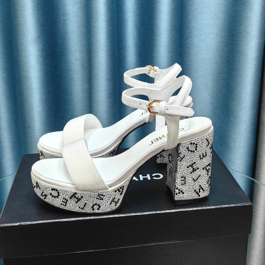 Chunky Heel Rhinestone High Sandals White Lambskin - 35
