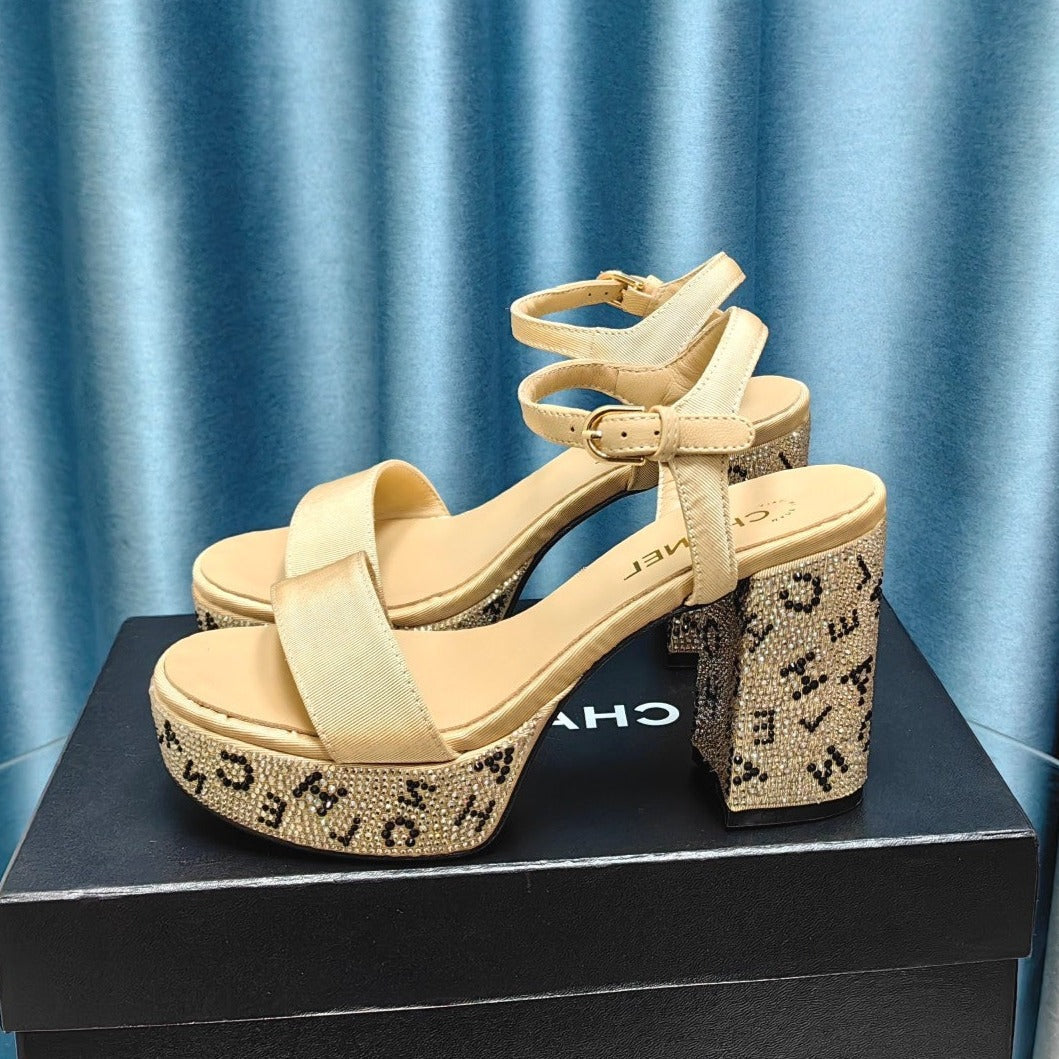 Chunky Heel Rhinestone High Sandals Beige Cream Lambskin - 35