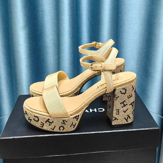 Chunky Heel Rhinestone High Sandals Beige Cream Lambskin - 35