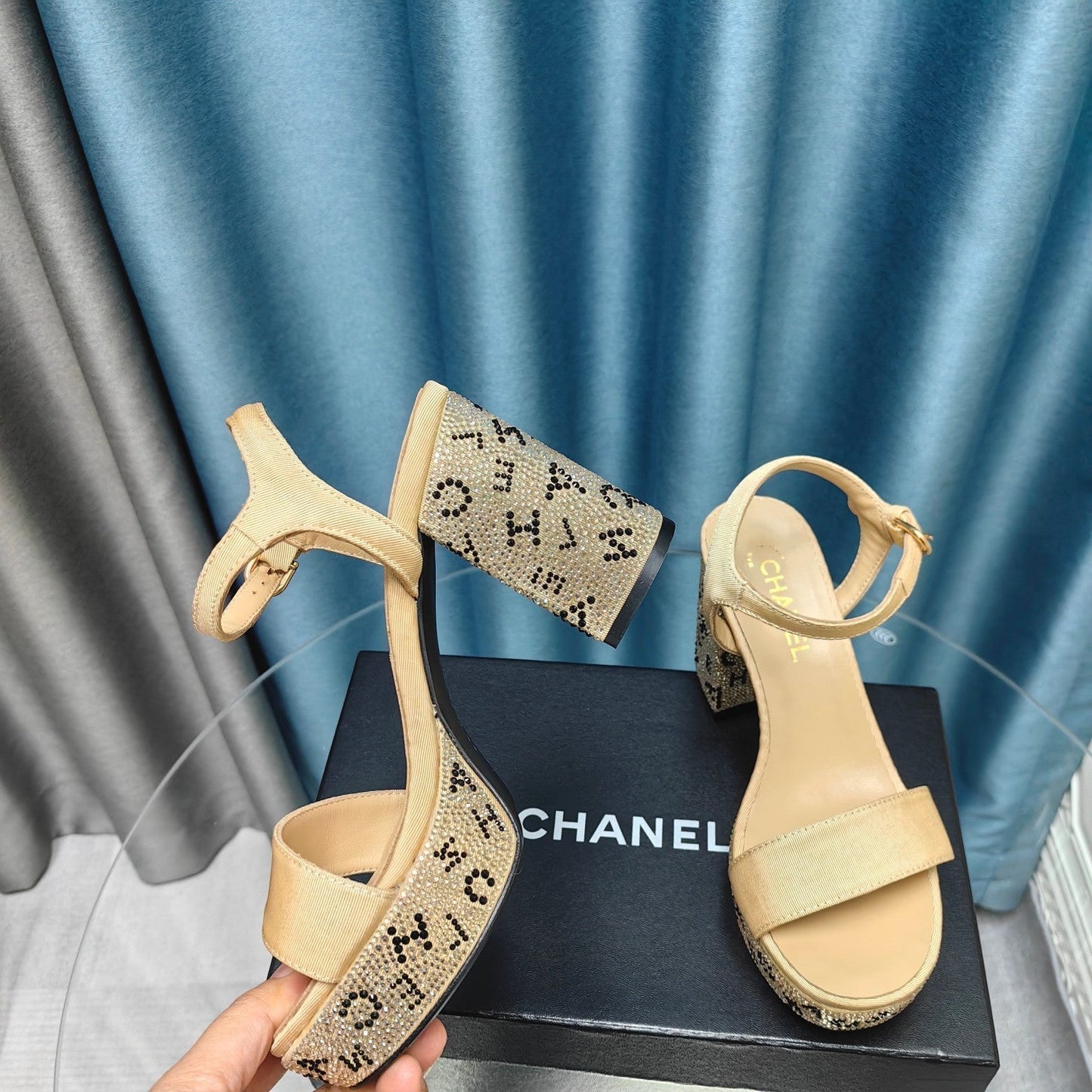 Chunky Heel Rhinestone High Sandals Beige Cream Lambskin - 35