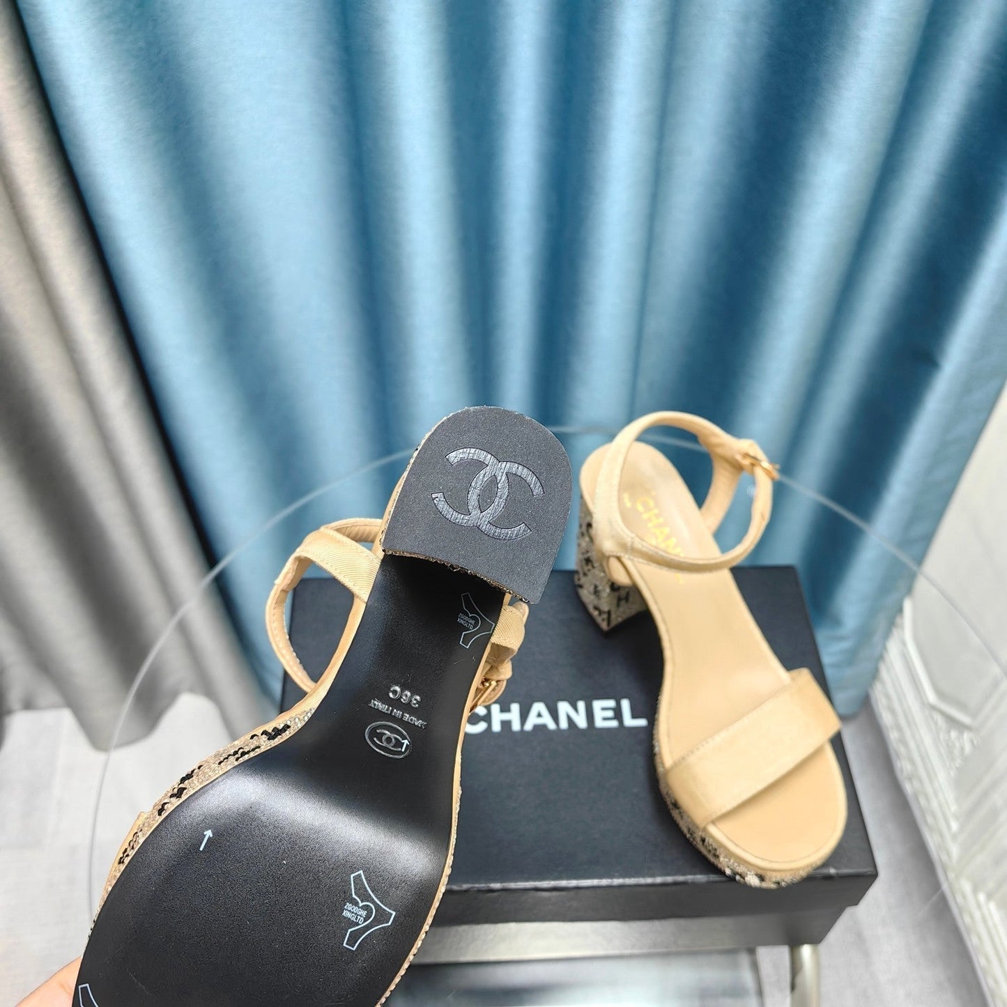 Chunky Heel Rhinestone High Sandals Beige Cream Lambskin - 35