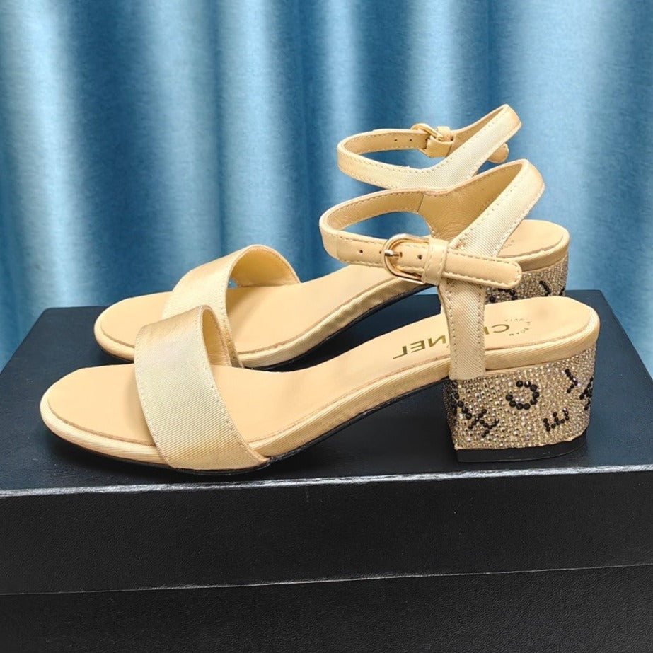 Chunky Heel Rhinestone Sandals Beige Cream Lambskin - 35