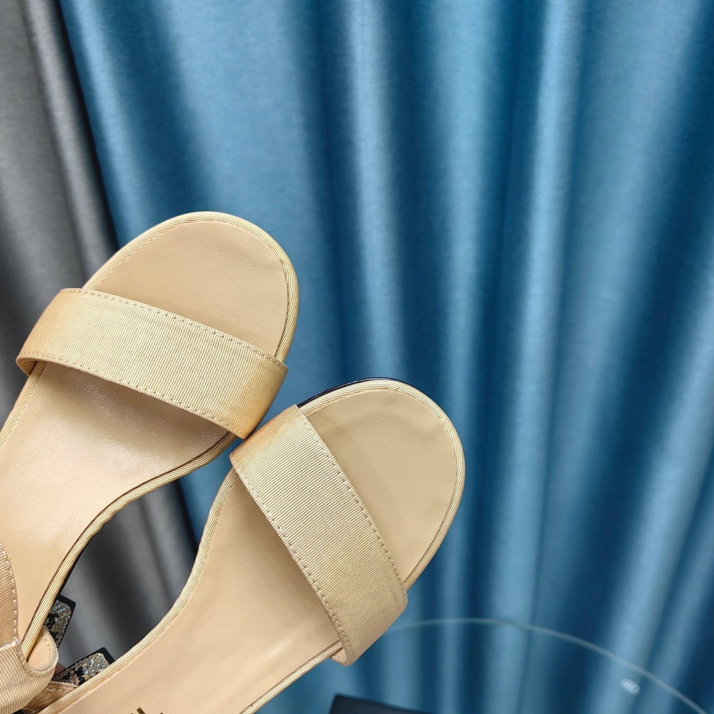 Chunky Heel Rhinestone Sandals Beige Cream Lambskin - 35
