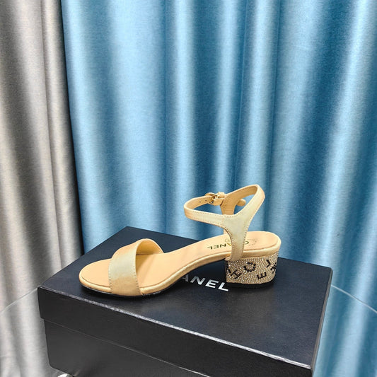 Chunky Heel Rhinestone Sandals Beige Cream Lambskin - 35