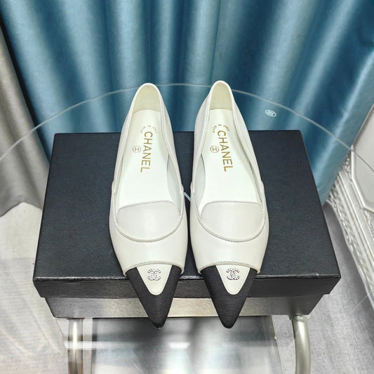 BALLET FLAT WHITE MIX BLACK SHEEPSKIN POINTED TOE - 35