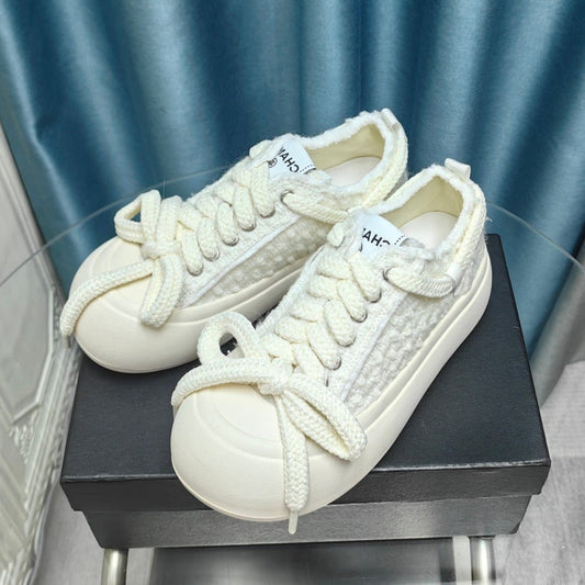 THICK-SOLED SHOES IN WHITE WOVEN WOOL - 35