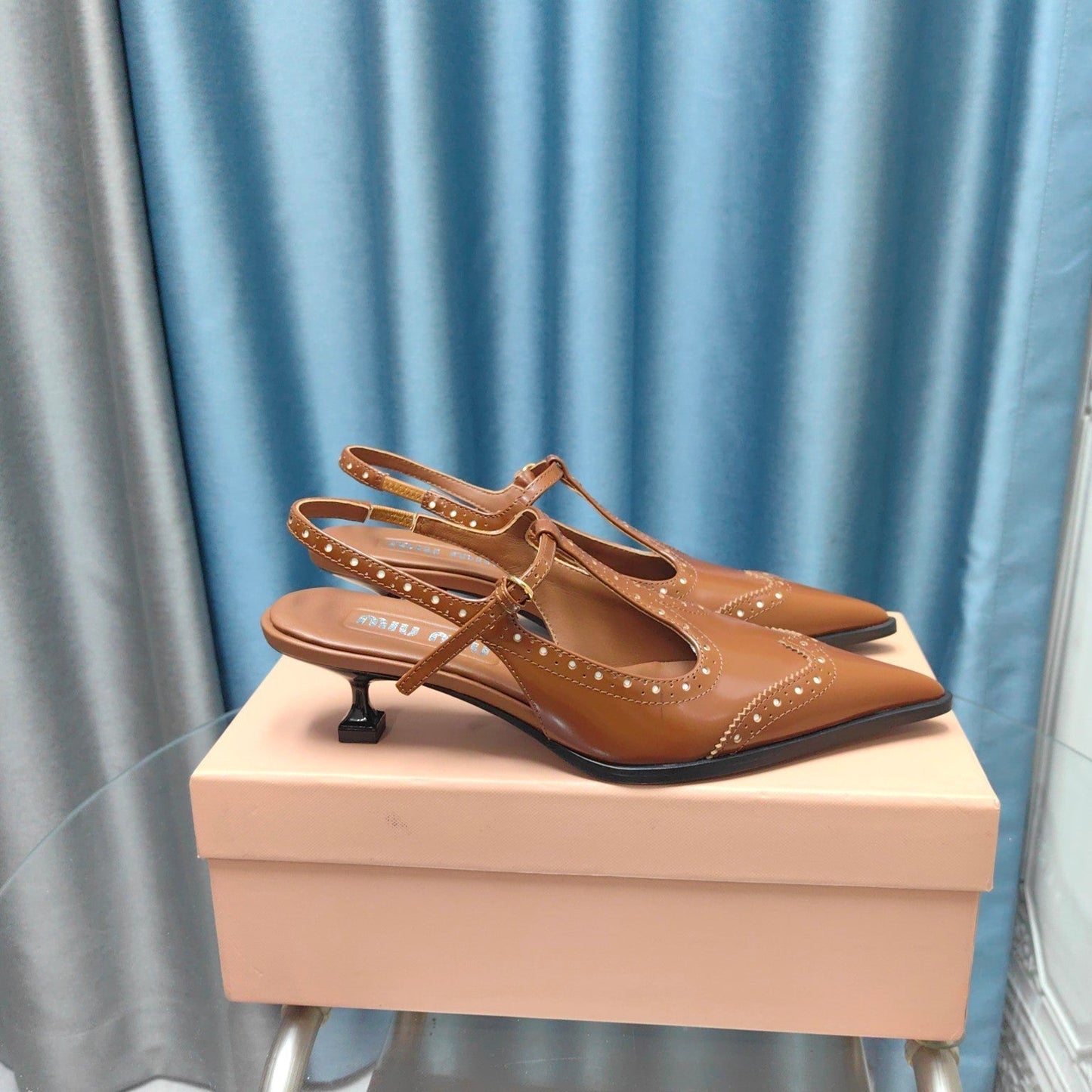 SLINGBACK CARAMEL COLOR LAMBSKIN WITH T- STRAPS - 35