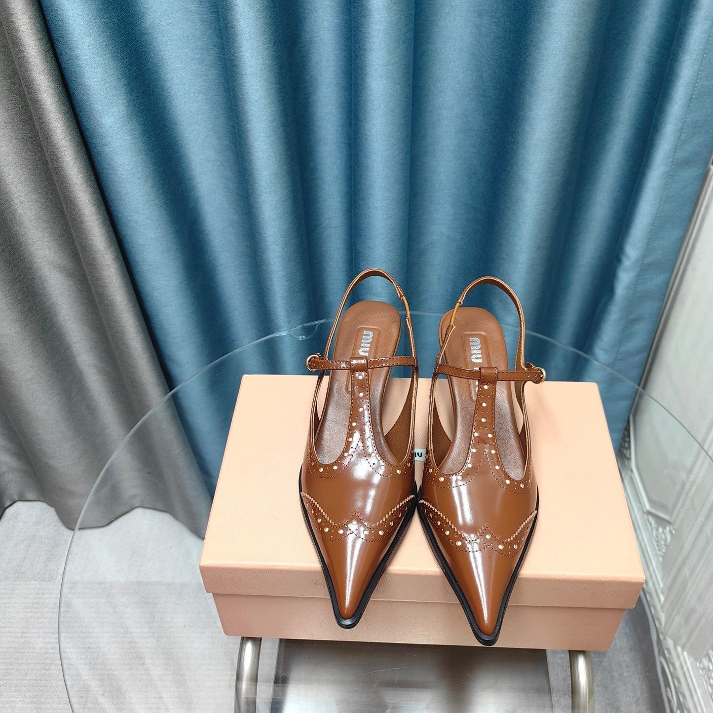 SLINGBACK CARAMEL COLOR LAMBSKIN WITH T- STRAPS - 35