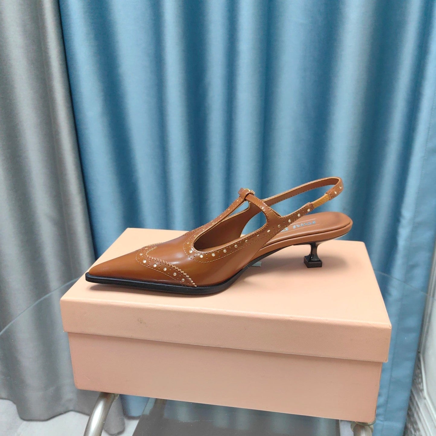 SLINGBACK CARAMEL COLOR LAMBSKIN WITH T- STRAPS - 35