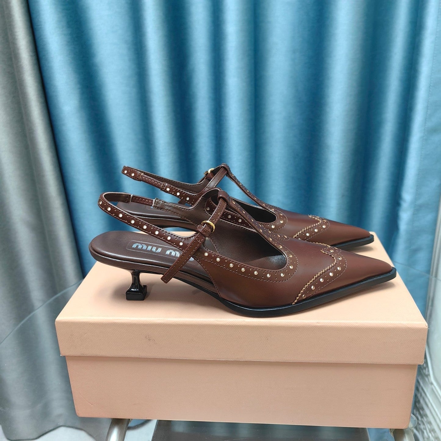 SLINGBACK WALNUT COLOR LAMBSKIN WITH T- STRAPS - 35