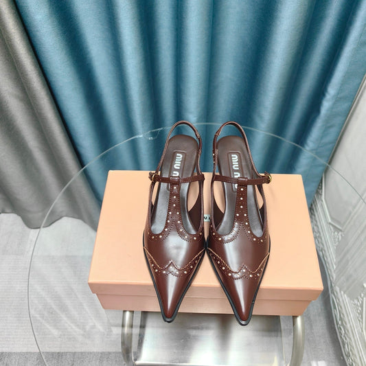 SLINGBACK WALNUT COLOR LAMBSKIN WITH T- STRAPS - 35