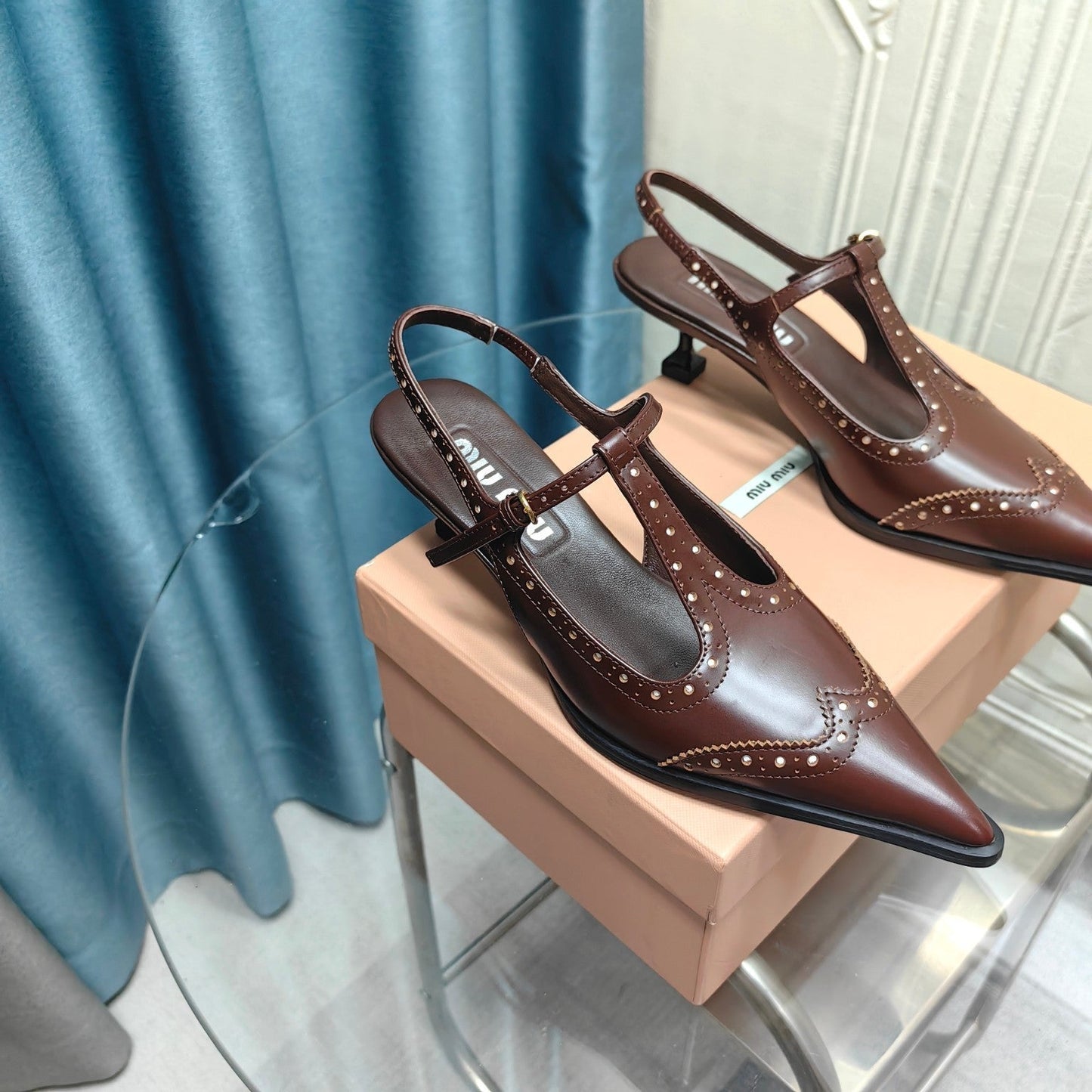SLINGBACK WALNUT COLOR LAMBSKIN WITH T- STRAPS - 35