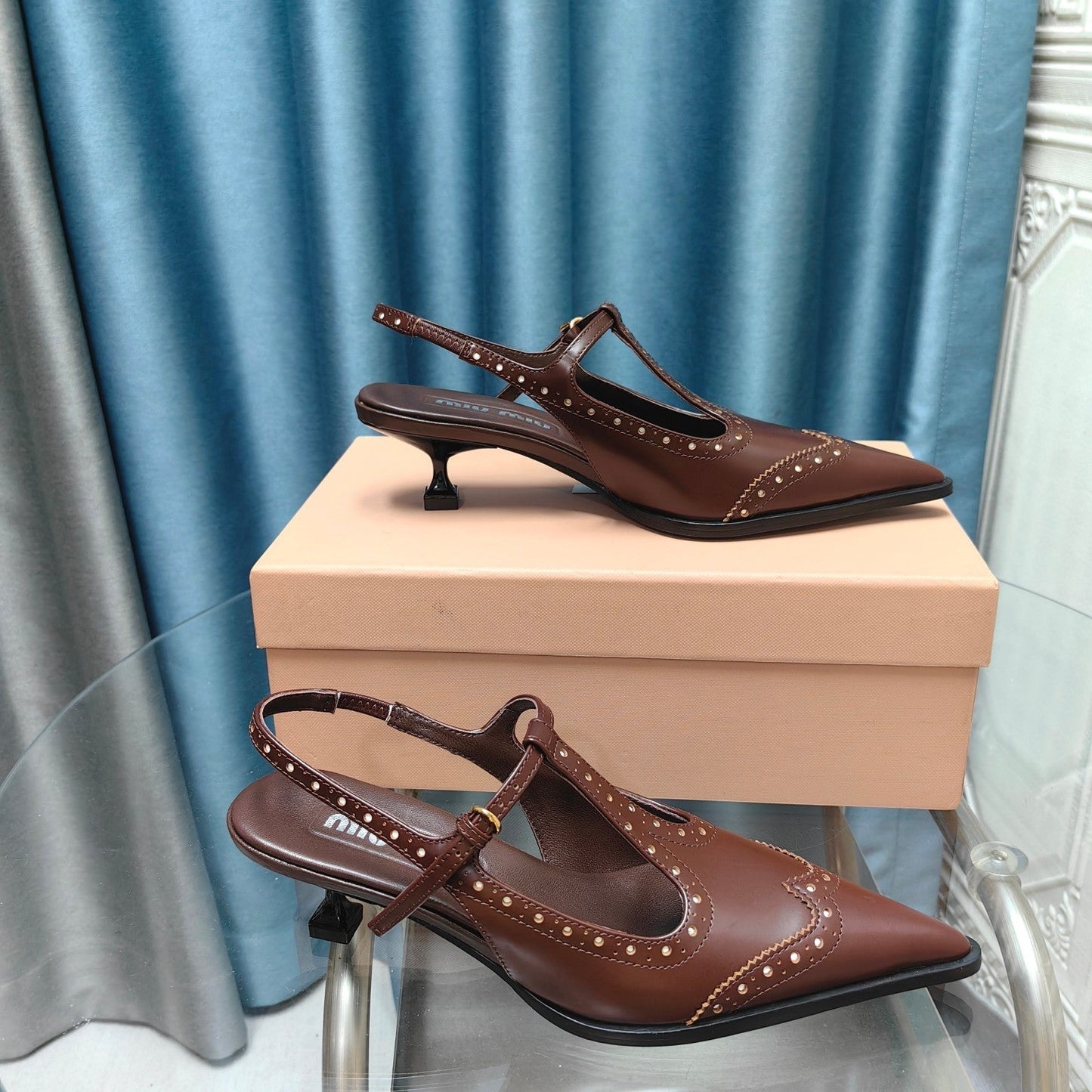 SLINGBACK WALNUT COLOR LAMBSKIN WITH T- STRAPS - 35