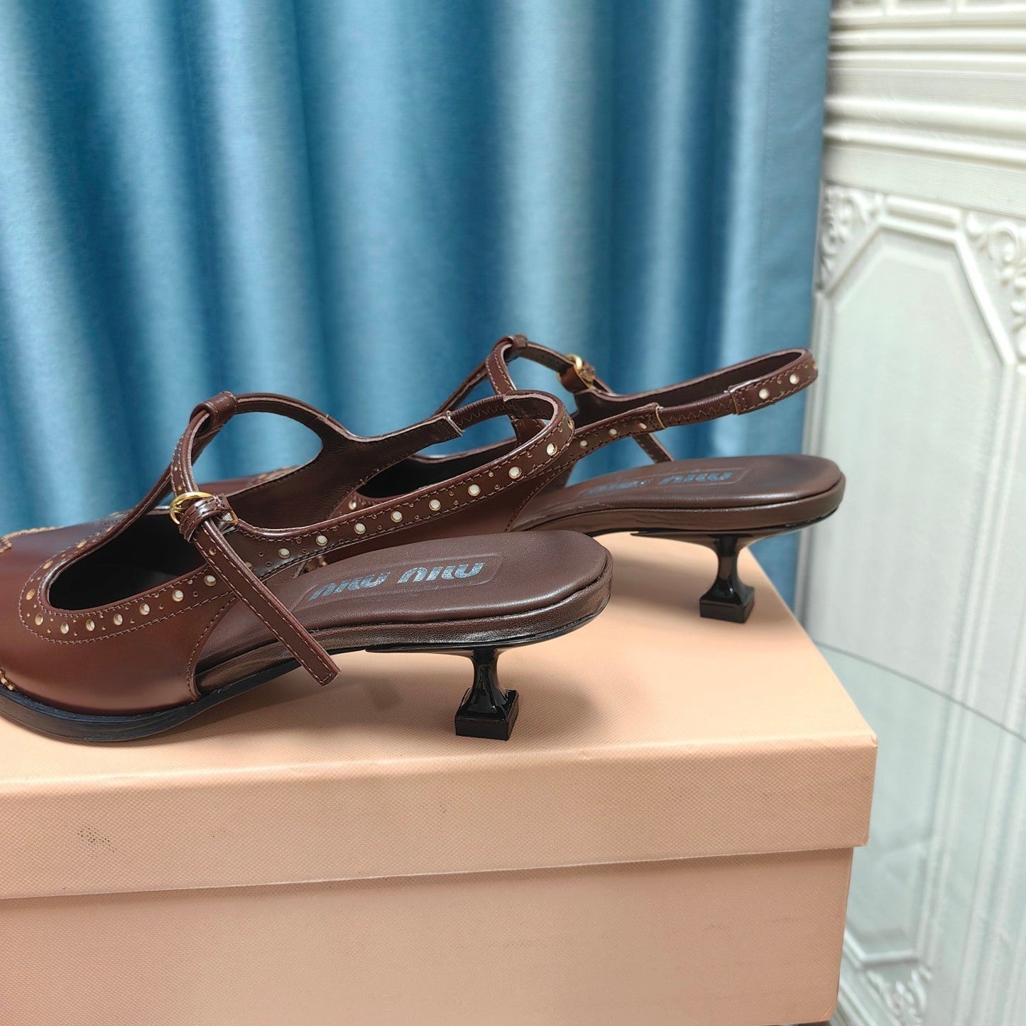 SLINGBACK WALNUT COLOR LAMBSKIN WITH T- STRAPS - 35
