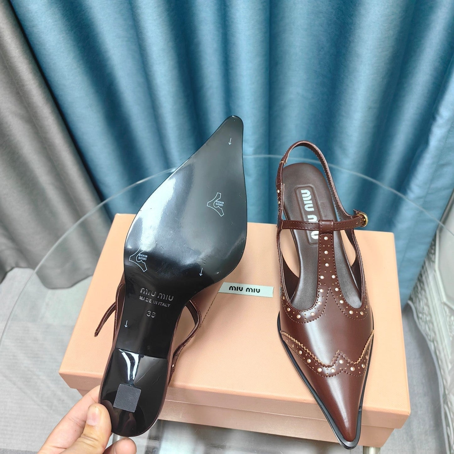 SLINGBACK WALNUT COLOR LAMBSKIN WITH T- STRAPS - 35