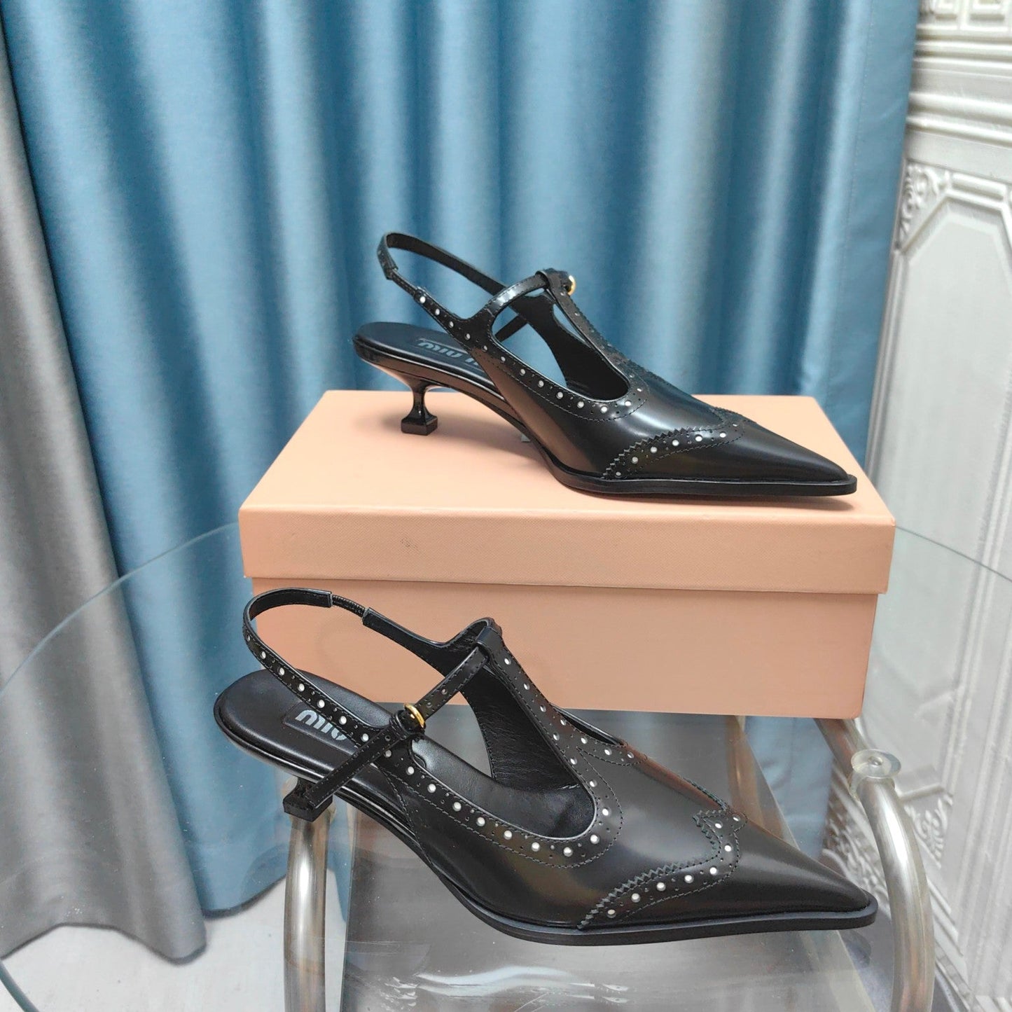 SLINGBACK BLACK LAMBSKIN WITH T- STRAPS - 35