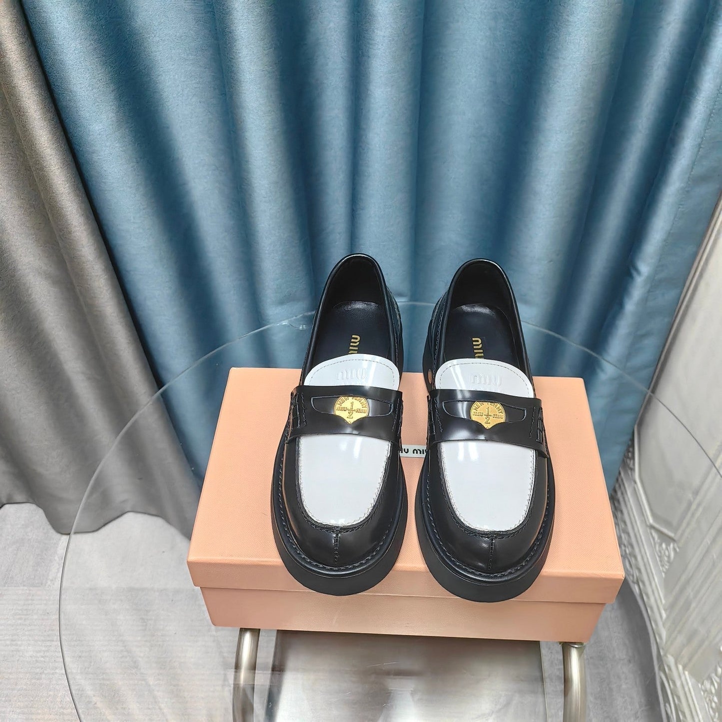 THICK-SOLED LOAFERS SHOES BLACK MIX WHITE COWHIDE - 35