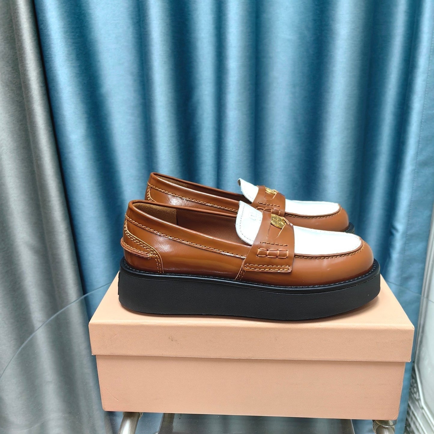 THICK-SOLED LOAFERS SHOES CARAMEL MIX WHITE COWHIDE - 35
