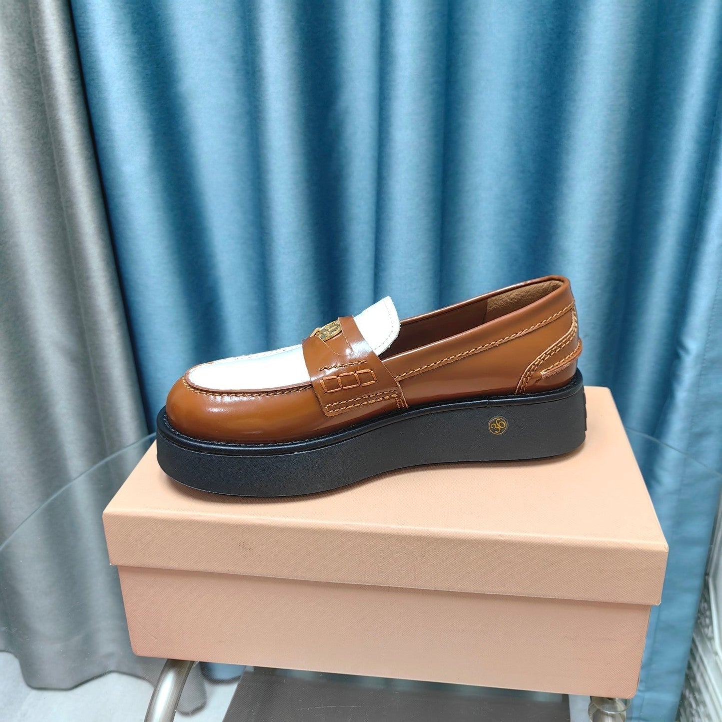 THICK-SOLED LOAFERS SHOES CARAMEL MIX WHITE COWHIDE - 35