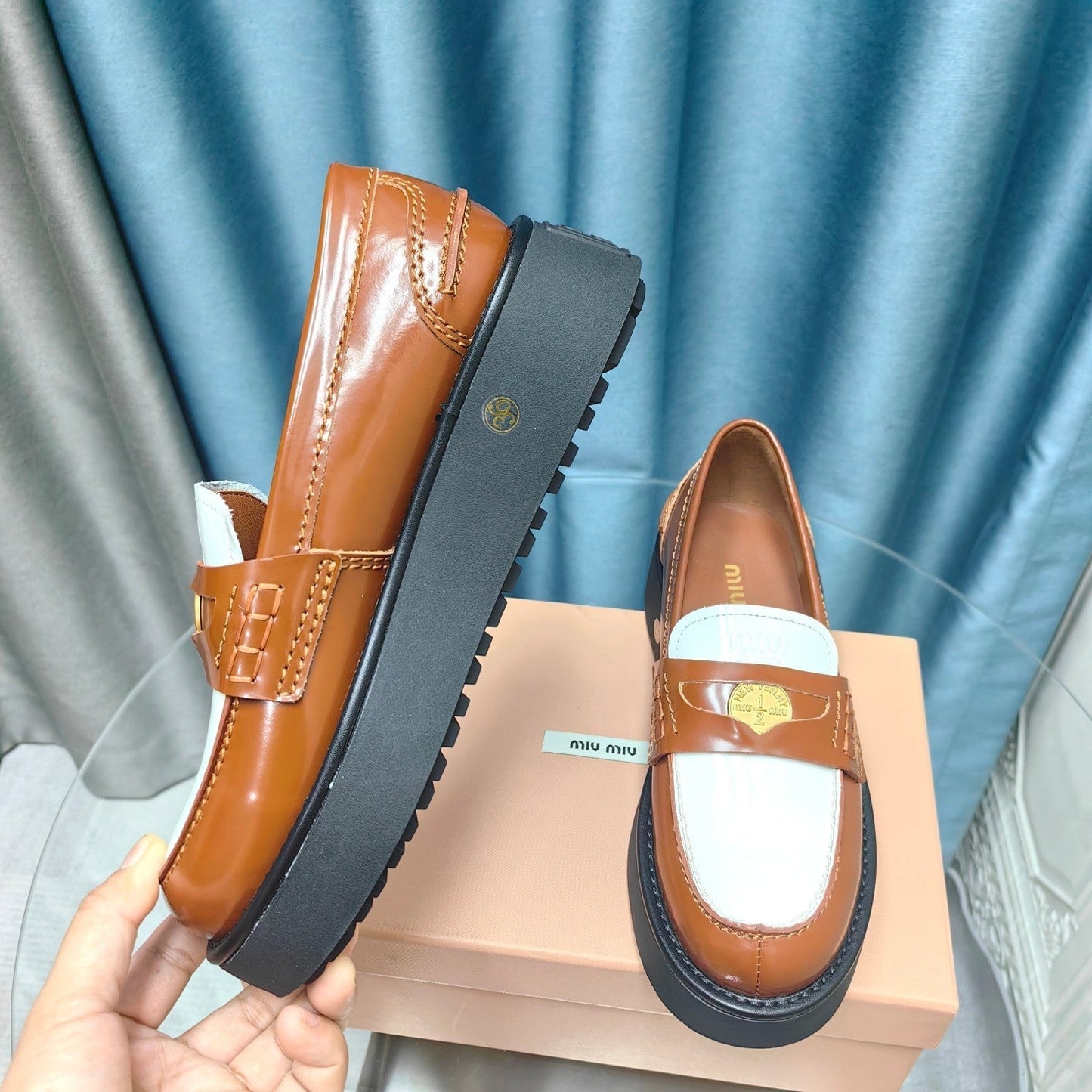 THICK-SOLED LOAFERS SHOES CARAMEL MIX WHITE COWHIDE - 35