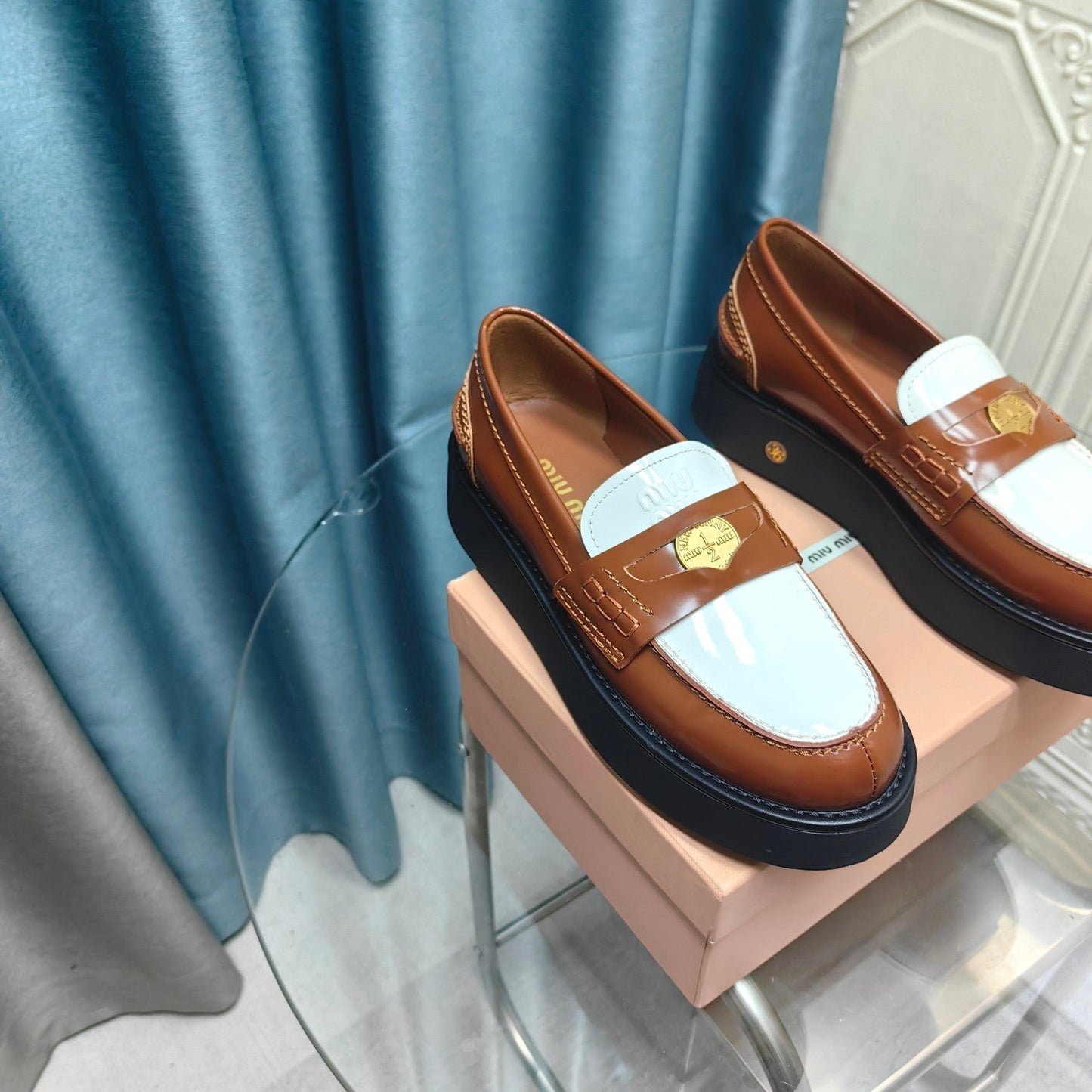 THICK-SOLED LOAFERS SHOES CARAMEL MIX WHITE COWHIDE - 35