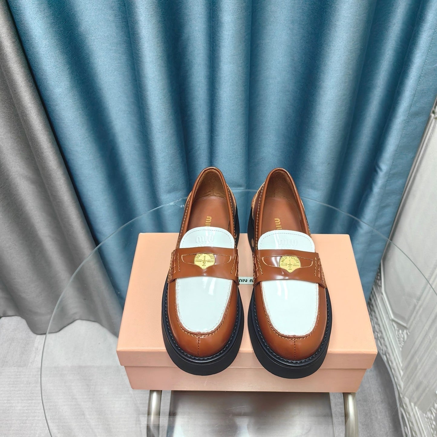 THICK-SOLED LOAFERS SHOES CARAMEL MIX WHITE COWHIDE - 35