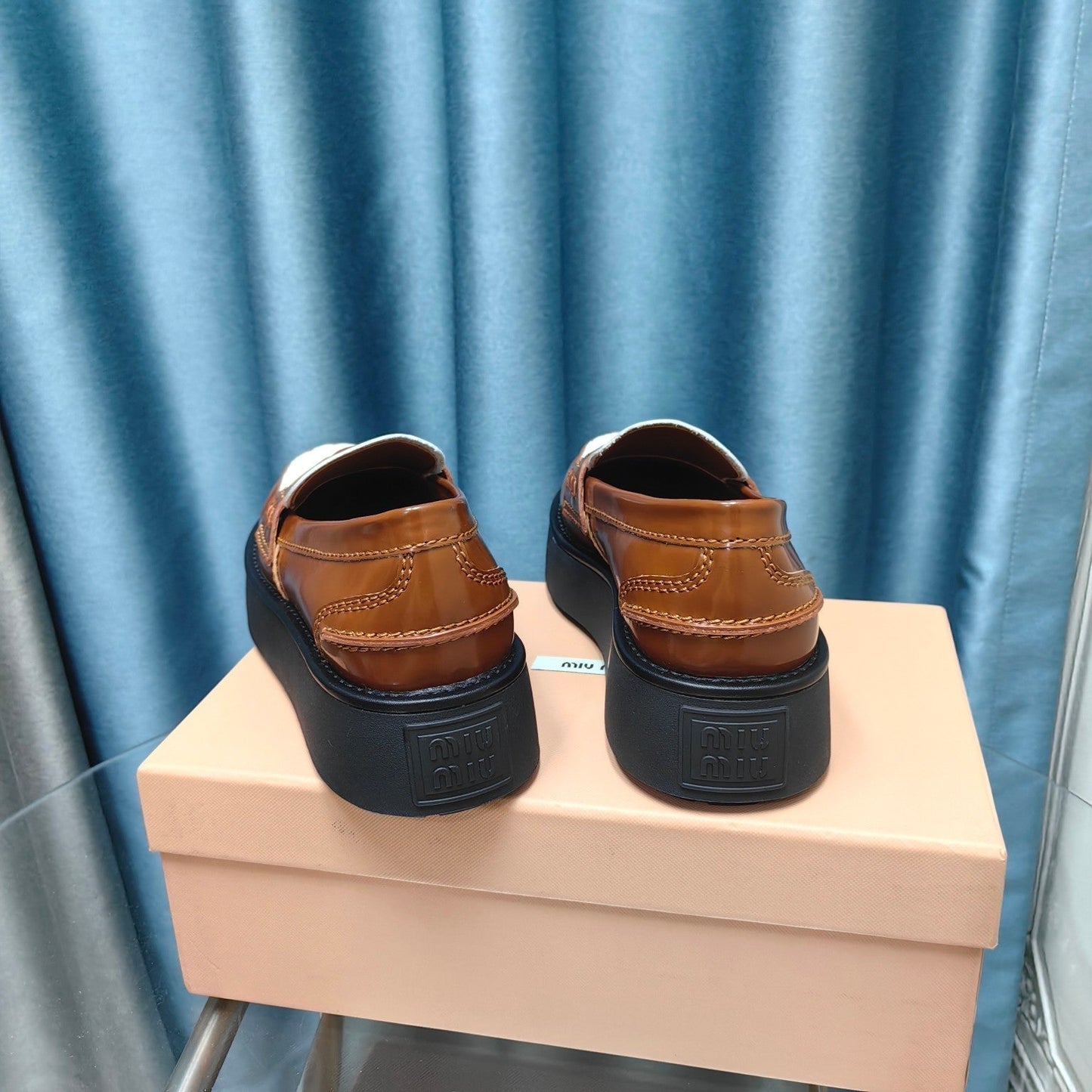 THICK-SOLED LOAFERS SHOES CARAMEL MIX WHITE COWHIDE - 35