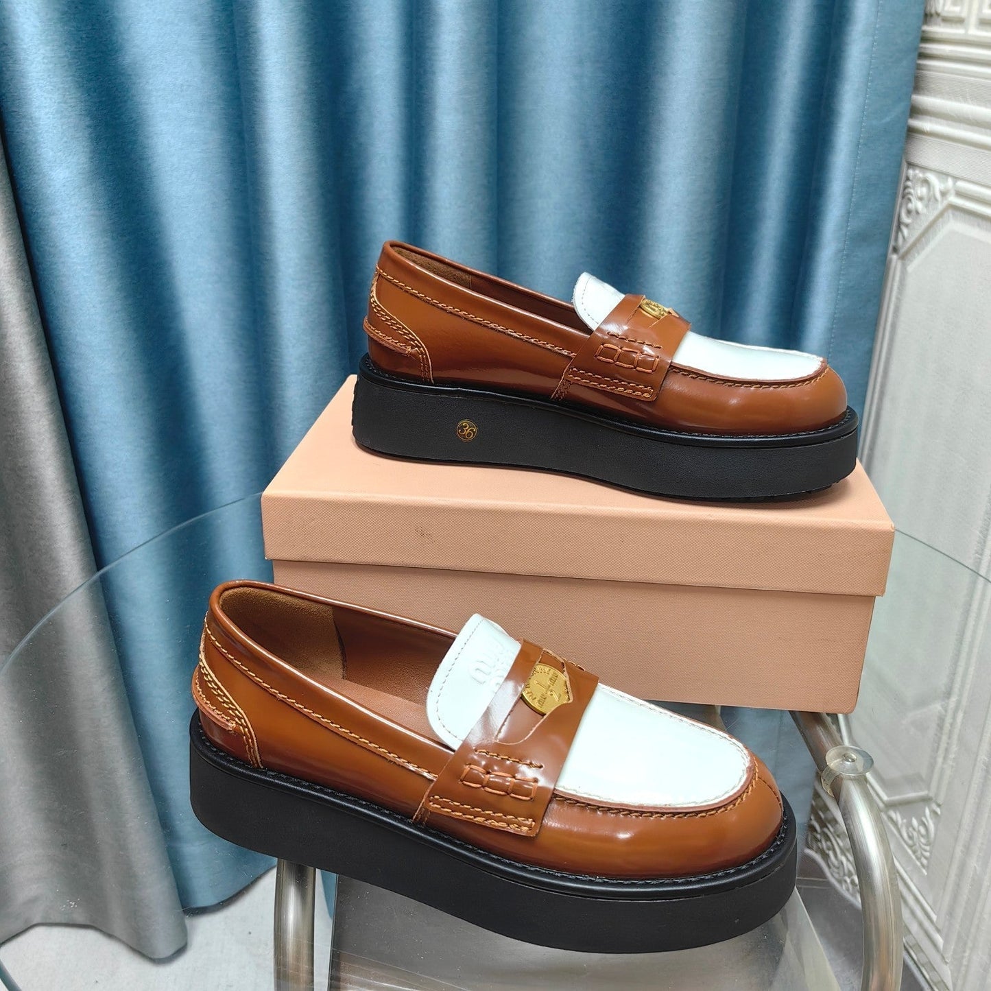THICK-SOLED LOAFERS SHOES CARAMEL MIX WHITE COWHIDE - 35
