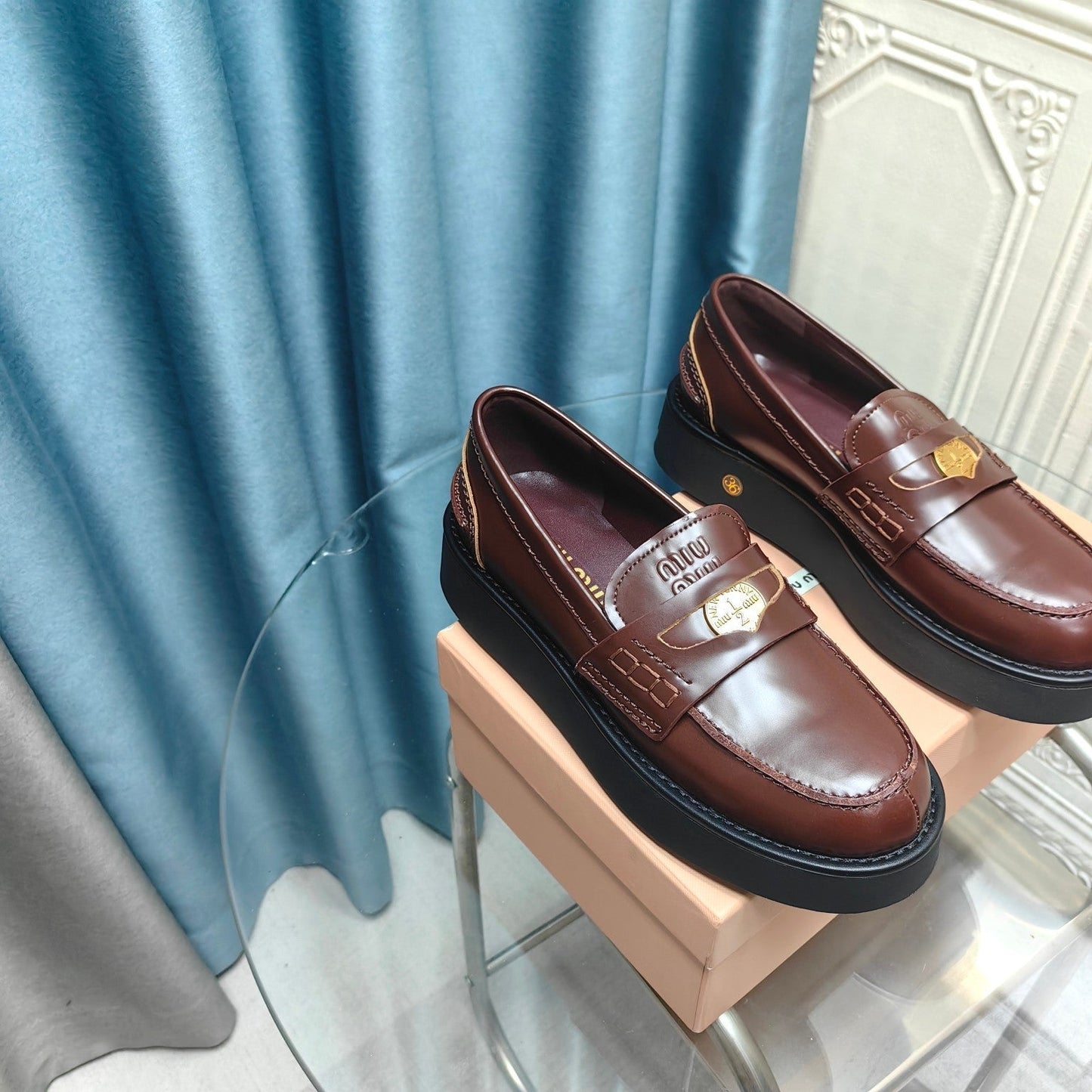 THICK-SOLED LOAFERS SHOES WALNUT COLOR COWHIDE - 35