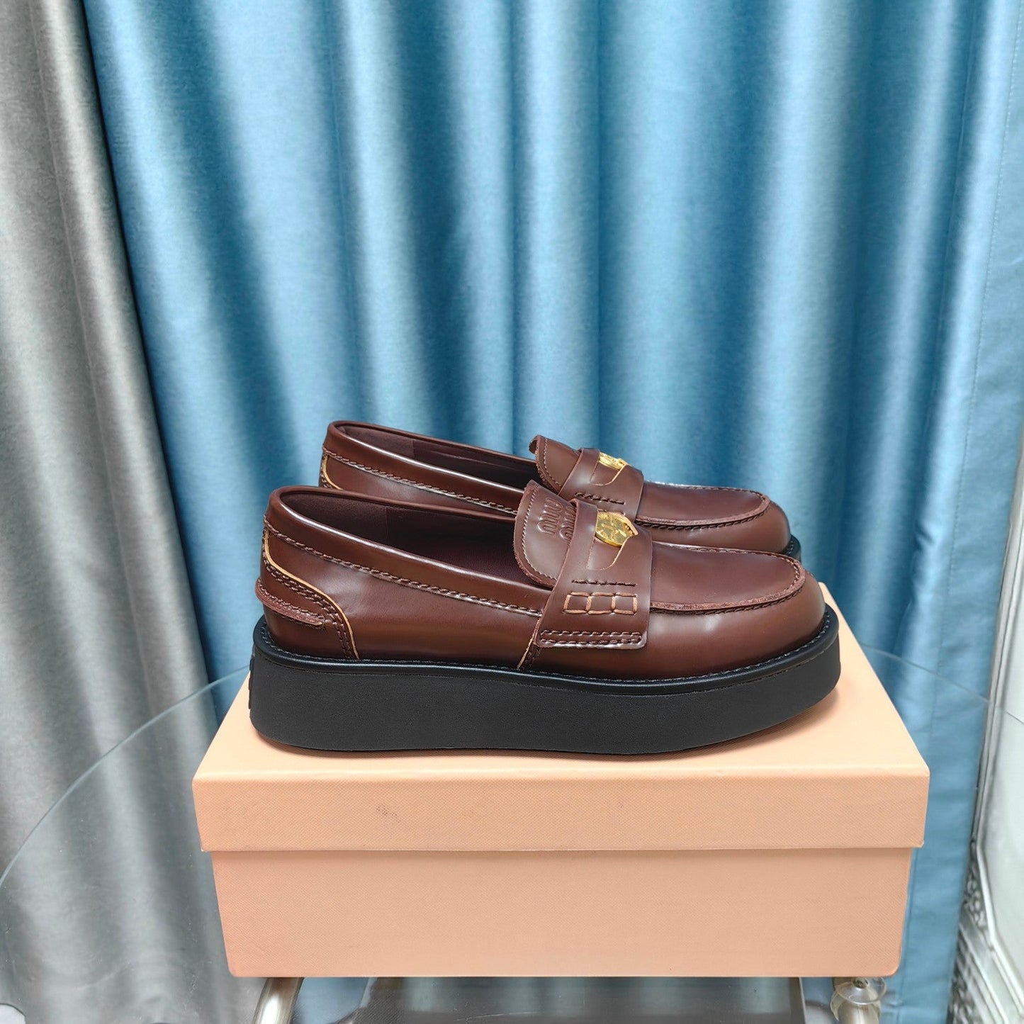 THICK-SOLED LOAFERS SHOES WALNUT COLOR COWHIDE - 35