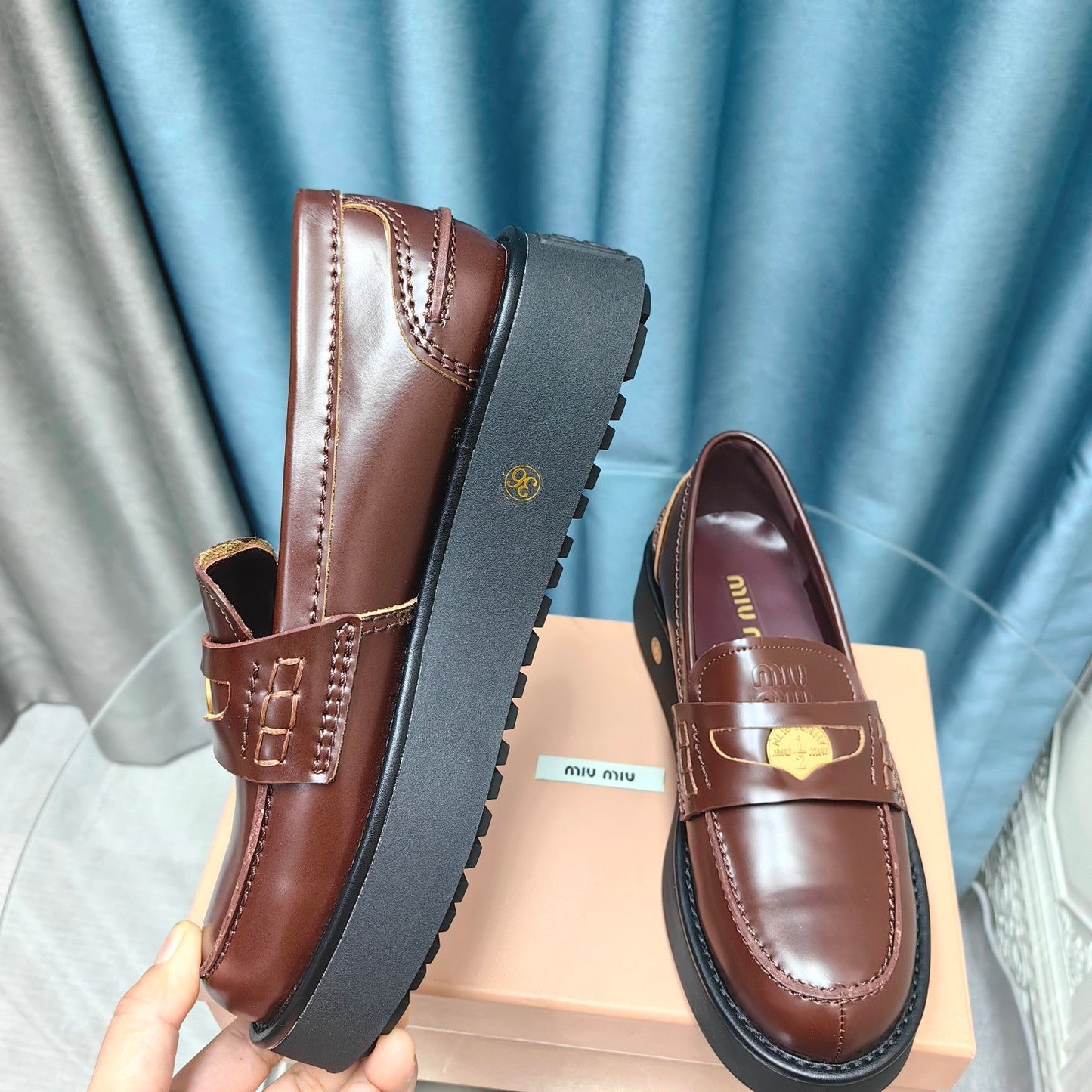THICK-SOLED LOAFERS SHOES WALNUT COLOR COWHIDE - 35
