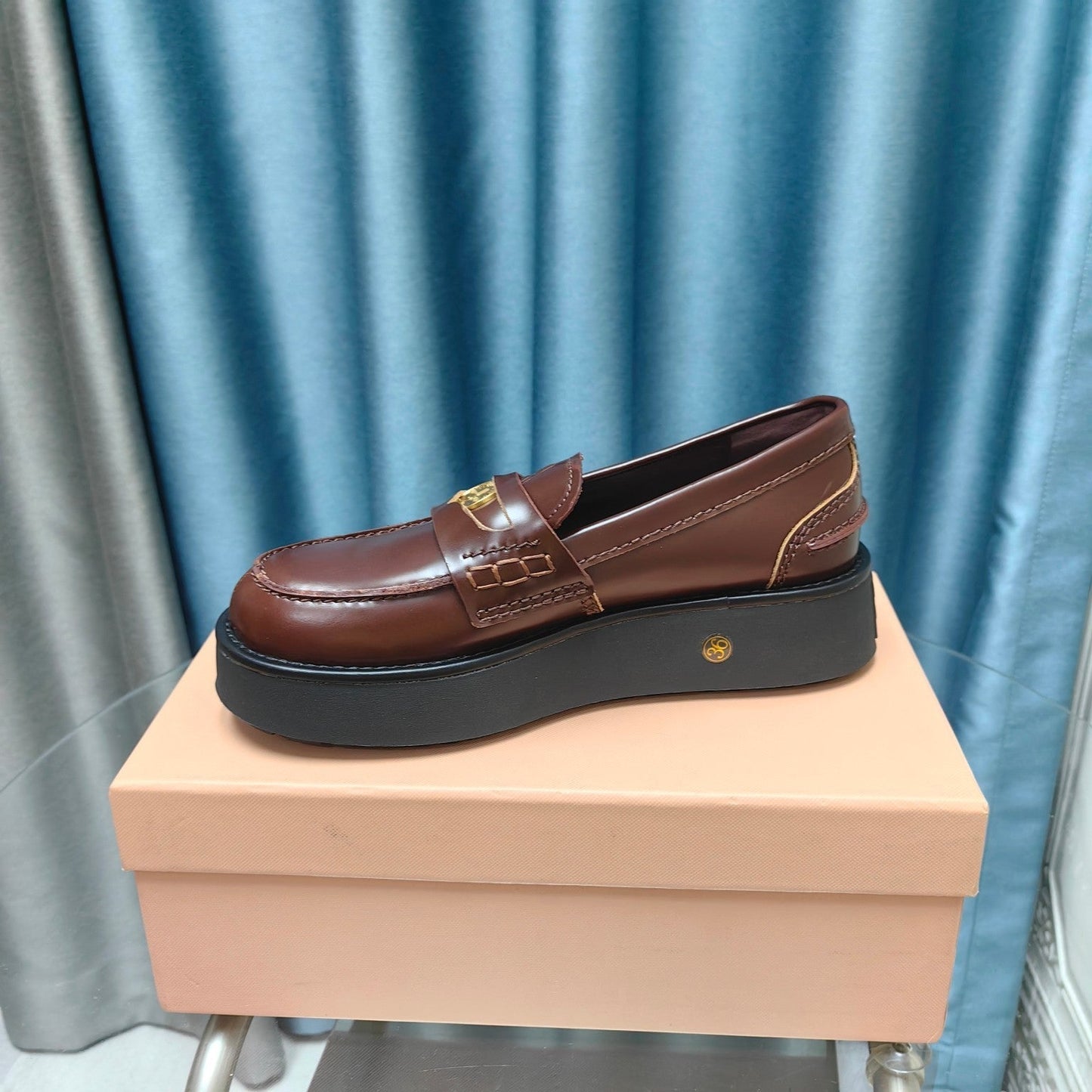 THICK-SOLED LOAFERS SHOES WALNUT COLOR COWHIDE - 35