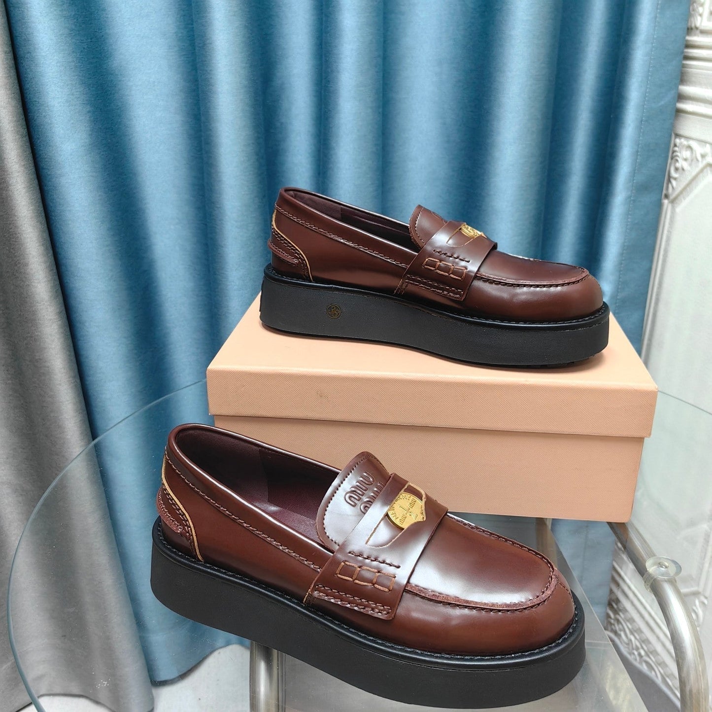 THICK-SOLED LOAFERS SHOES WALNUT COLOR COWHIDE - 35