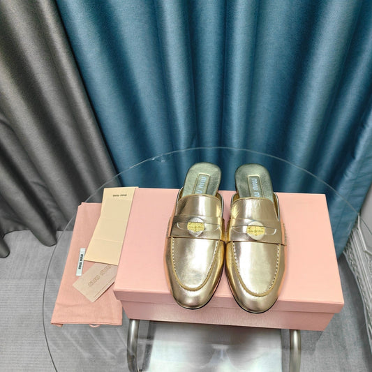 MULES SLIPPERS METALLIC GOLD COWHIDE WITH GOLD COIN - 35