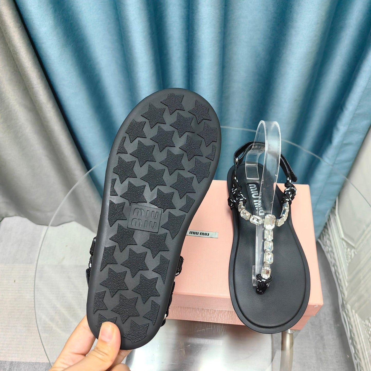 FLIP-FLOPS BLACK COWHIDE WITH CRYSTALS-WHITE - 34