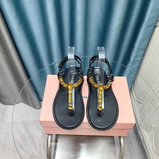 FLIP-FLOPS BLACK COWHIDE WITH CRYSTALS-YELLOW - 34