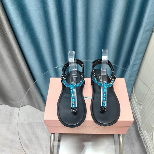 FLIP-FLOPS BLACK COWHIDE WITH CRYSTALS-SAPPHIRE BLUE - 34