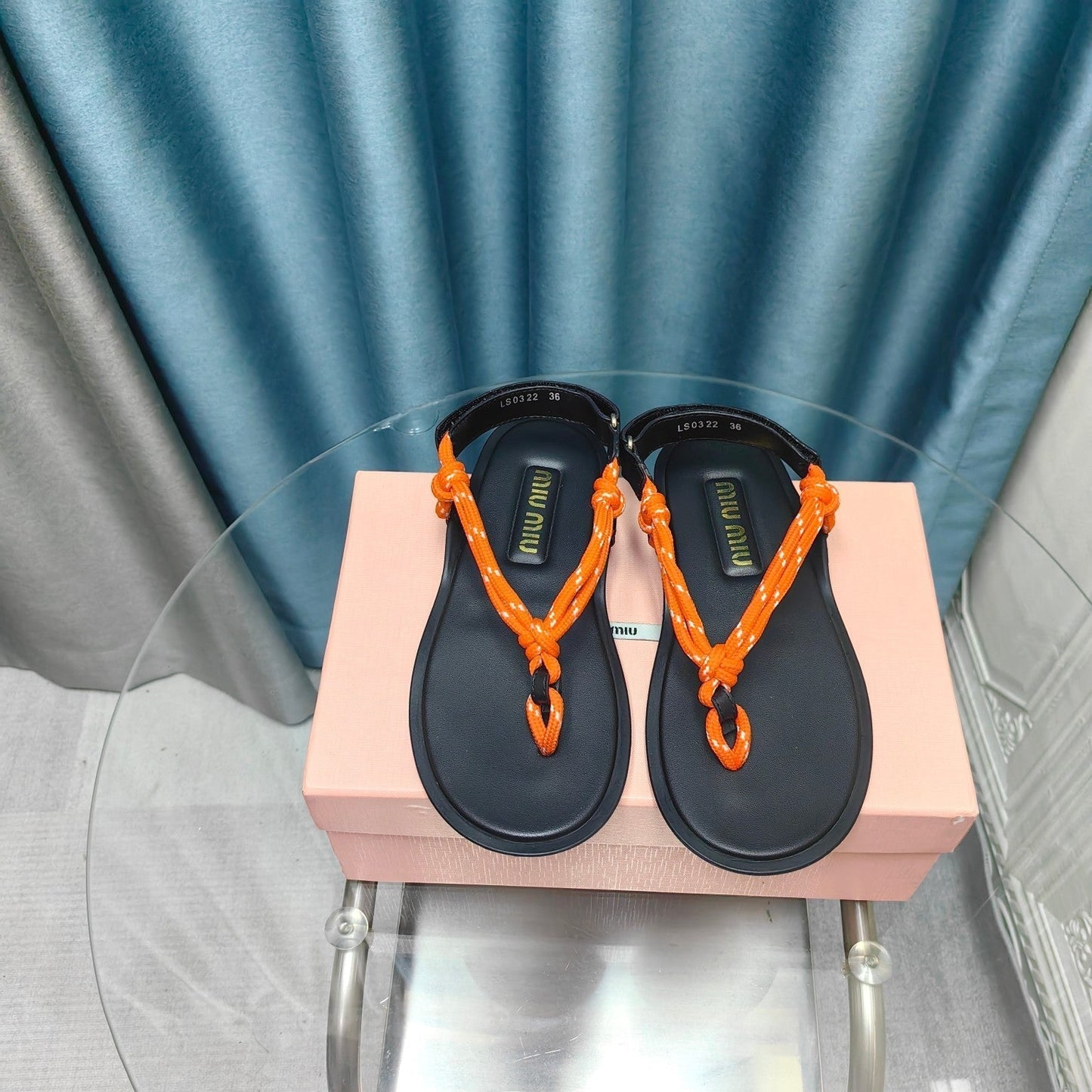 FLIP-FLOPS SANDAL BLACK SHEEPSKIN WITH ORANGE STRAP - 34