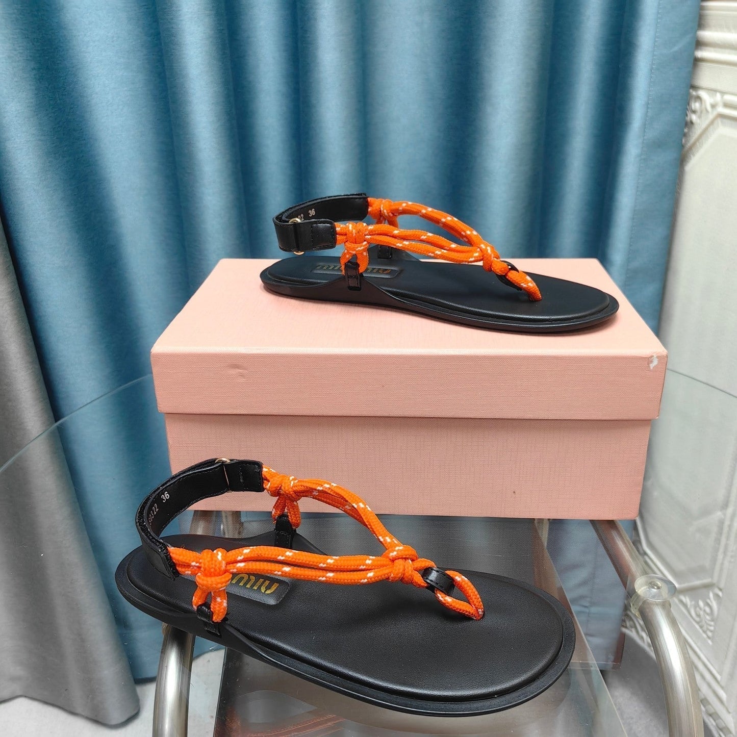 FLIP-FLOPS SANDAL BLACK SHEEPSKIN WITH ORANGE STRAP - 34