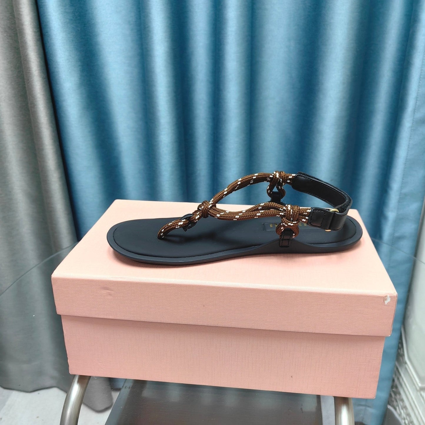 FLIP-FLOPS SANDAL BLACK SHEEPSKIN WITH BROWN STRAP - 34