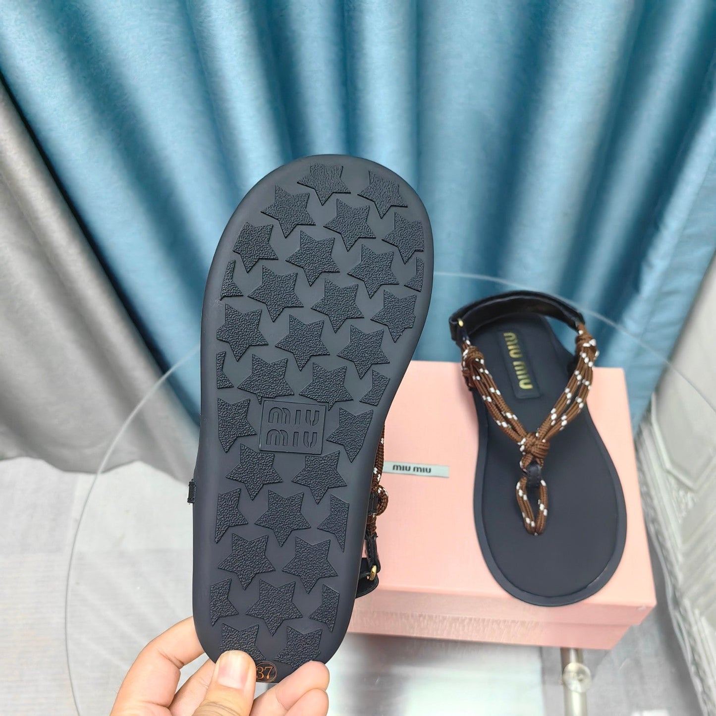 FLIP-FLOPS SANDAL BLACK SHEEPSKIN WITH BROWN STRAP - 34