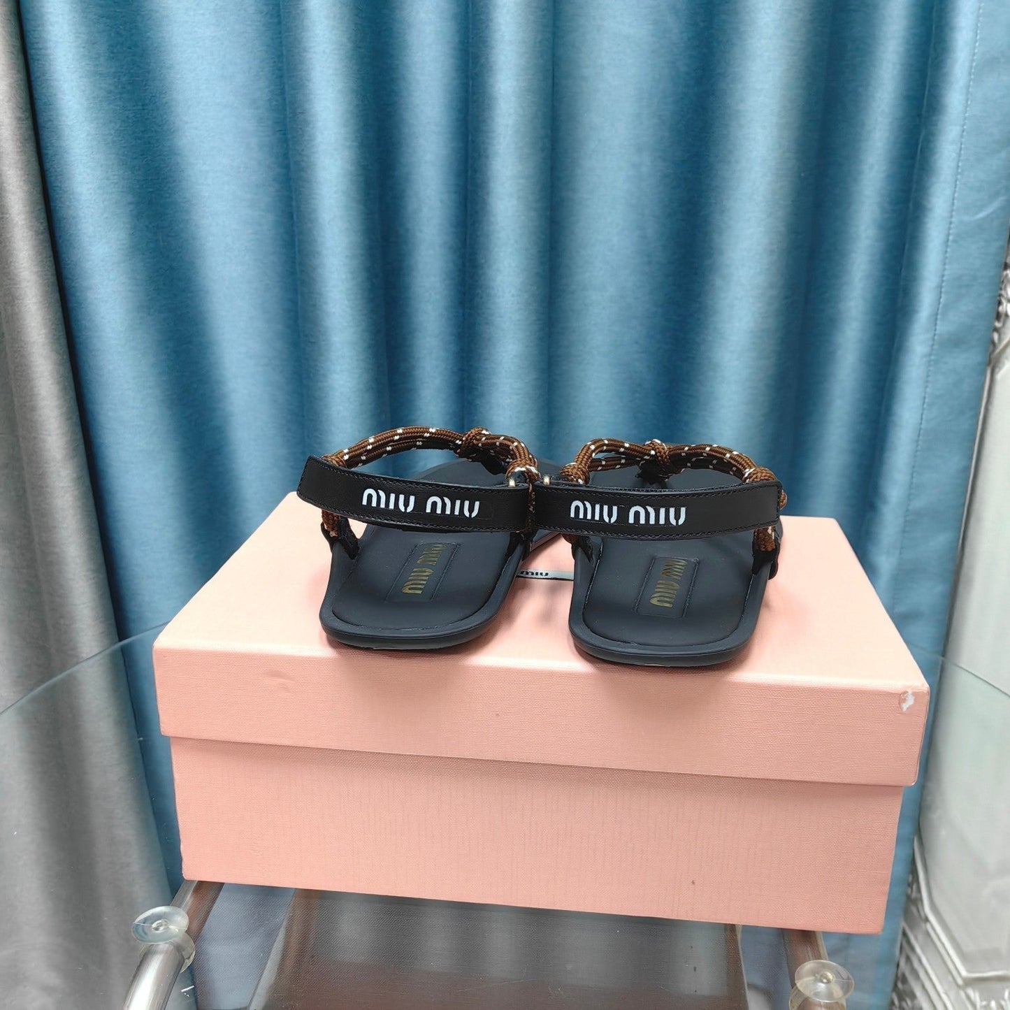 FLIP-FLOPS SANDAL BLACK SHEEPSKIN WITH BROWN STRAP - 34