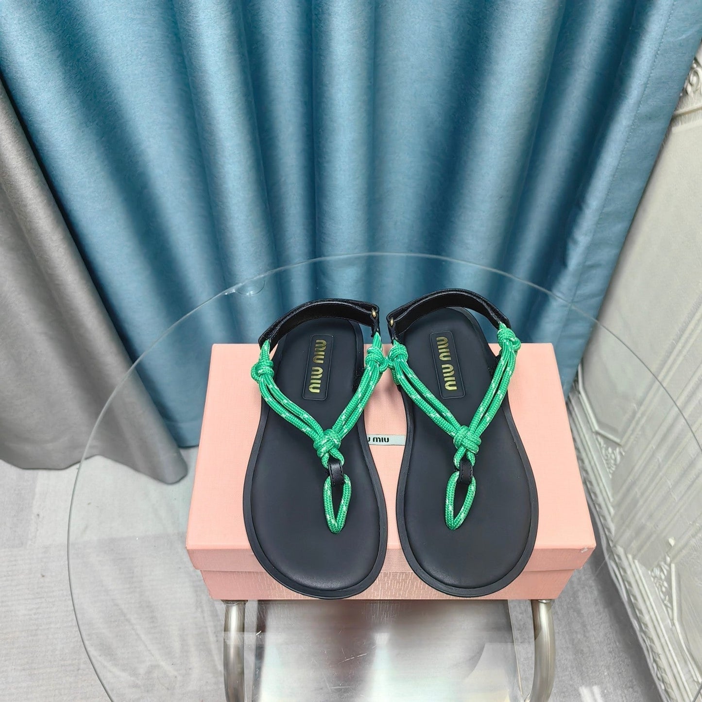 FLIP-FLOPS SANDAL BLACK SHEEPSKIN WITH BRIGHT BLUE STRAP - 34