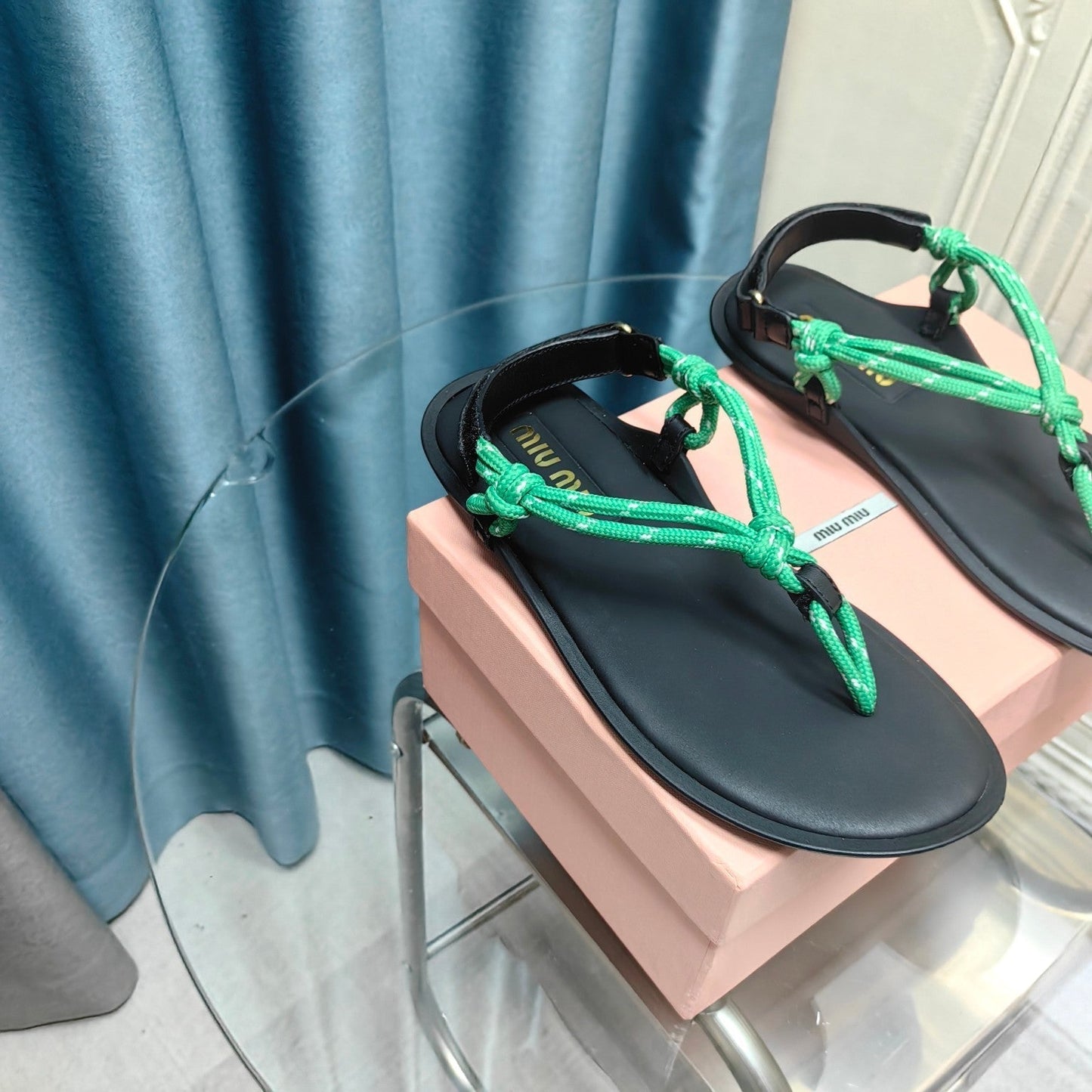 FLIP-FLOPS SANDAL BLACK SHEEPSKIN WITH BRIGHT BLUE STRAP - 34