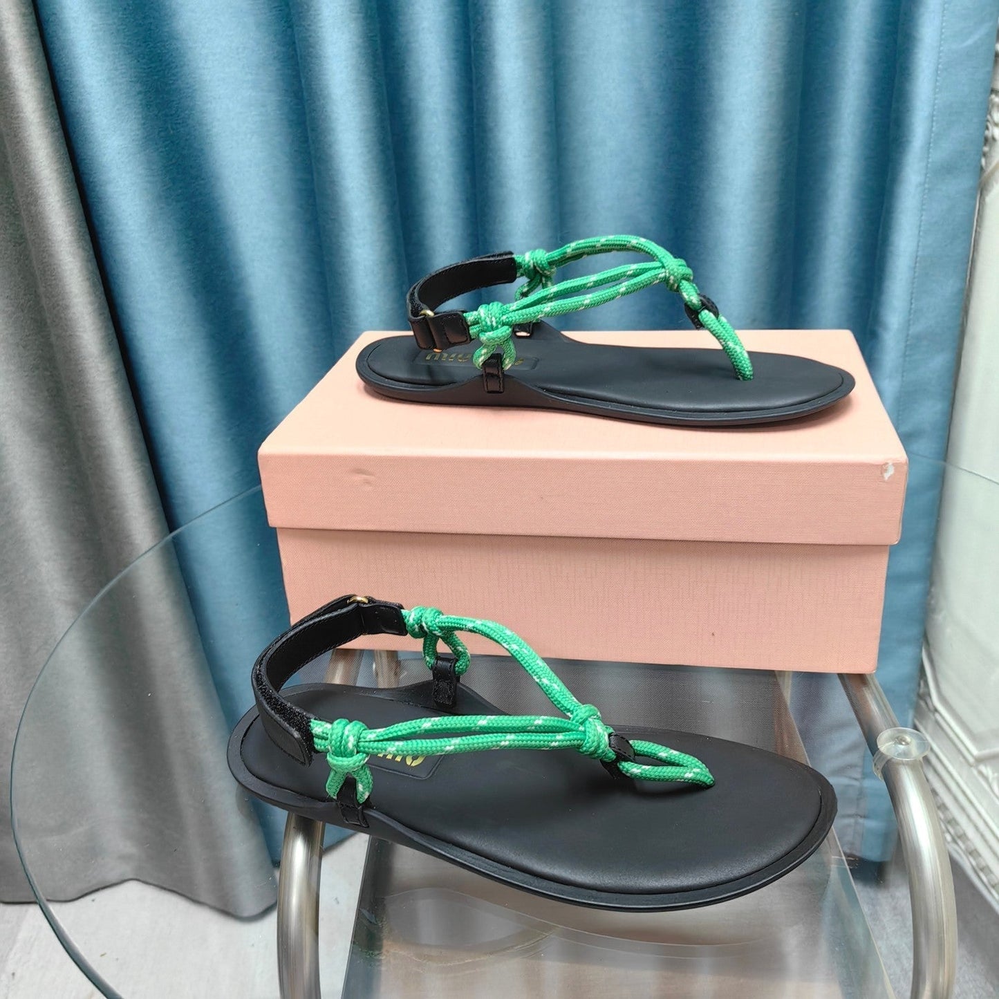 FLIP-FLOPS SANDAL BLACK SHEEPSKIN WITH BRIGHT BLUE STRAP - 34