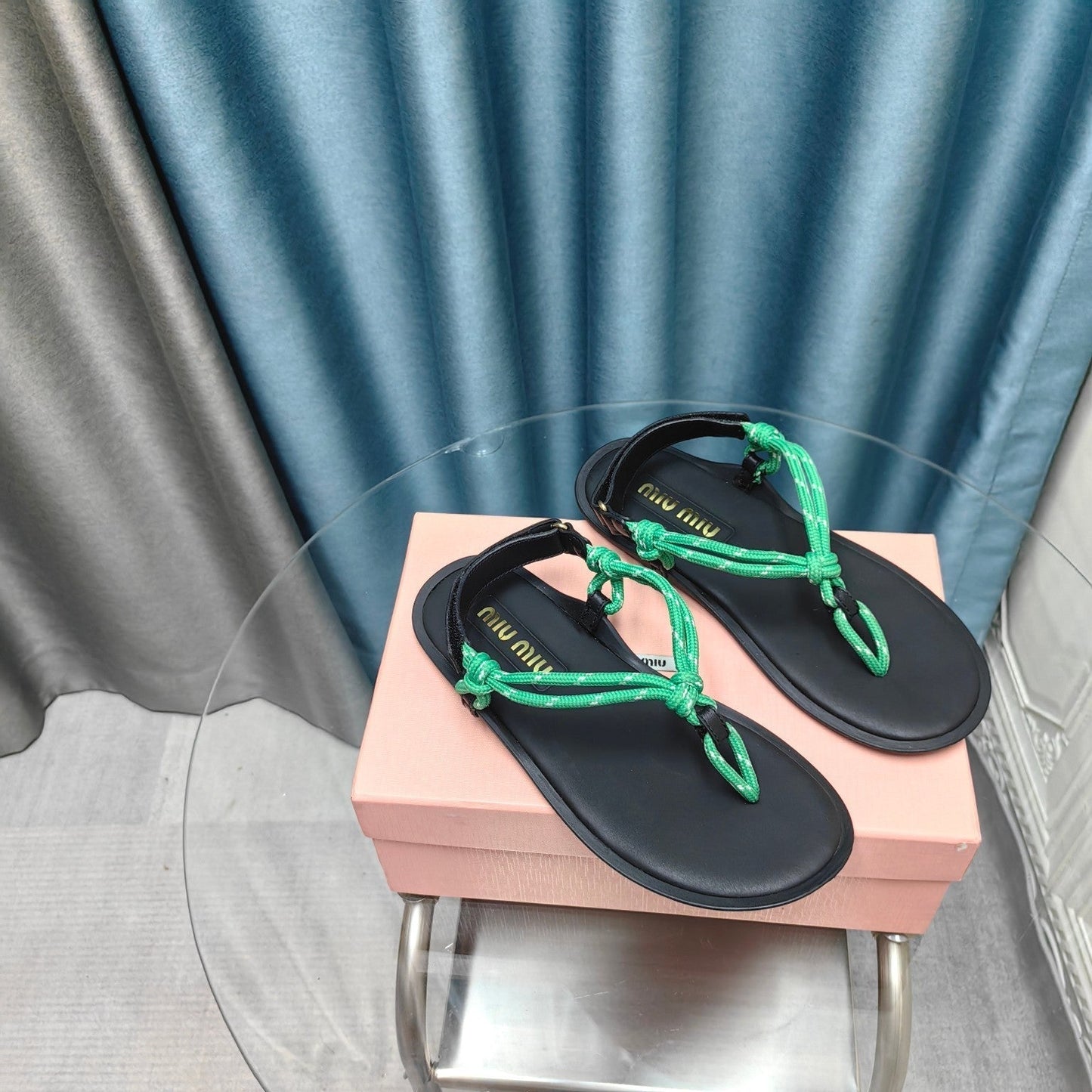 FLIP-FLOPS SANDAL BLACK SHEEPSKIN WITH BRIGHT BLUE STRAP - 34